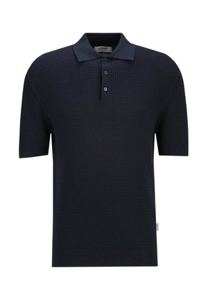 Kurzärmliges marineblaues Strick-Poloshirt mit strukturiertem Muster, Zwei-Knopf-Leiste und kleinem seitlichem Markenetikett.