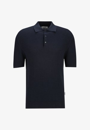 Kurzärmliges marineblaues Strick-Poloshirt mit strukturiertem Muster, Zwei-Knopf-Leiste und kleinem seitlichem Markenetikett.