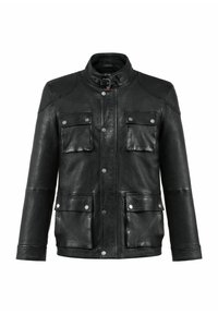 Czarna skórzana kurtka z wysokim kołnierzem, zapięciem na zatrzask, czterema kieszeniami z przodu oraz gładką fakturą.