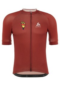 Rød cykeltrøje med korte ærmer, der har lynlås foran, let mesh-stof, logo og farverige mønstrede detaljer på brystet.