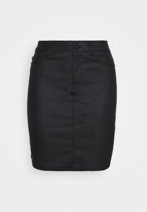 Schwarzer Denim-Rock mit taillierter Passform, mittelhoher Taille, vorderem Knopfverschluss und minimalistischen Steppnähten.