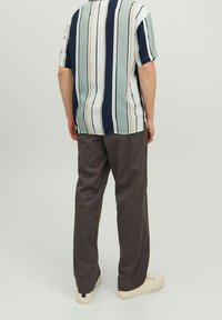 Gestreiftes kurzärmeliges Hemd in Hellgrün, Marineblau und Beige, kombiniert mit locker sitzenden dunkelgrauen Hosen und beigefarbenen Schuhen.