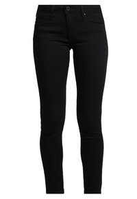 Jeans negros ajustados hechos de tejido vaquero. Presentan una cintura de altura media, diseño de cinco bolsillos y cierre frontal con botón.