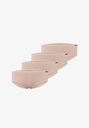 Pack of four women's hipster underwear in light beige, made of smooth, stretchy fabric with a seamless design and soft waistband.