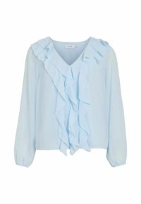 Lyseblå bluse med V-hals, lange ermer og vertikale rysjer nedover fronten. Laget av mykt, flytende stoff.