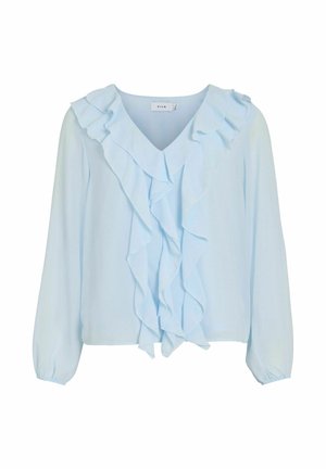 Light blue blouse featuring a V-neckline, long sleeves, and vertical ruffles down the front. Made from soft, flowy fabric.