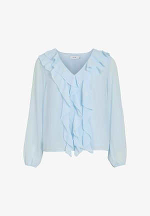 Light blue blouse featuring a V-neckline, long sleeves, and vertical ruffles down the front. Made from soft, flowy fabric.