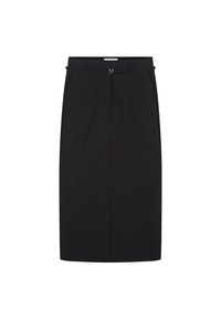 Zwarte kokerrok met een gladde textuur, voorzien van een slim fit, riemlussen en een hartvormige metalen accent bij de tailleband.