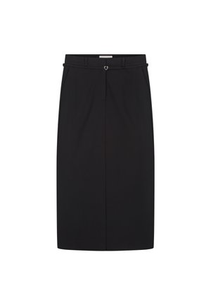 Zwarte kokerrok met een gladde textuur, voorzien van een slim fit, riemlussen en een hartvormige metalen accent bij de tailleband.