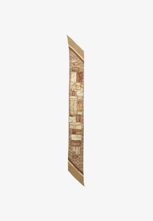 Silk scarf featuring a pattern of brown and beige handbags with gold accents, set against a honeycomb background and bordered in beige.