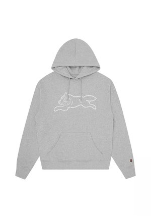 Lichtgrijze hoodie met een gestippeld lijnontwerp van een springend konijn op de borst en een klein ijs patch op de linkermouw manchet.