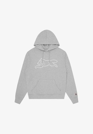 Lichtgrijze hoodie met een gestippeld lijnontwerp van een springend konijn op de borst en een klein ijs patch op de linkermouw manchet.