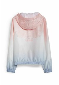 Lettere, hættejakke med en pink til blå gradient. Har elastiske manchetter og kant, samt trykt "AWESOME EST.2008" på ryggen.