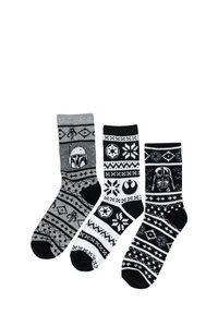 Tre paia di calze lavorate a maglia nei colori grigio, nero e bianco. Ognuna presenta motivi distintivi e personaggi di Star Wars.