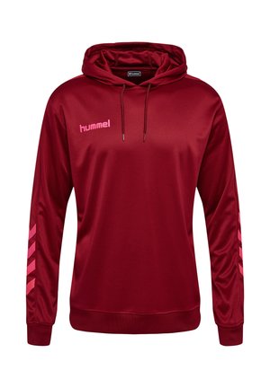 Bourgogne sportshoodie med snøretrækshætte, lyserødt "hummel"-logo på brystet og lyserøde chevronstriber på begge ærmer.