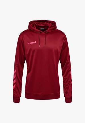 Bourgogne sportshoodie med snøretrækshætte, lyserødt "hummel"-logo på brystet og lyserøde chevronstriber på begge ærmer.
