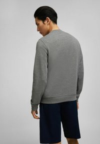 Grijze sweatshirt met een gestructureerde afwerking, ronde hals en ribbelmanchetten, gecombineerd met donkere shorts. Het achteraanzicht benadrukt het eenvoudige ontwerp.