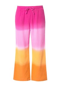 Roze, witte en oranje gradient textuur wijd uitlopende broek met een elastische tailleband en trekkoorddetail. Zachte, lichte stof.