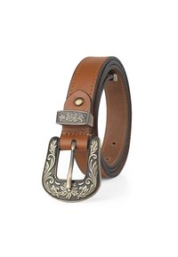 Cinturón de cuero marrón con un borde negro texturizado, que presenta una hebilla ornamentada en tono plateado y un diseño floral embosado. Incluye detalles de estilo clásico.