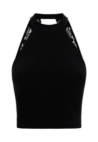 Černý žebrovaný halter top s vysokým výstřihem a krajkovými detaily po stranách. Vyrobeno z elastického materiálu pro přiléhavý střih.