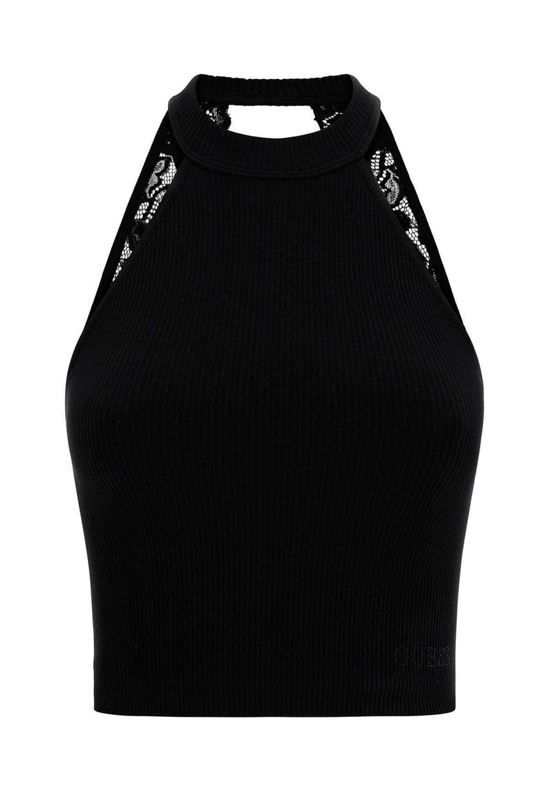 Černý žebrovaný halter top s vysokým výstřihem a krajkovými detaily po stranách. Vyrobeno z elastického materiálu pro přiléhavý střih.