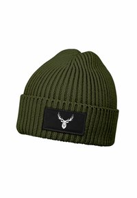 Olive green ribbed knit beanie with folded cuff and black patch featuring a white stylized deer head logo.