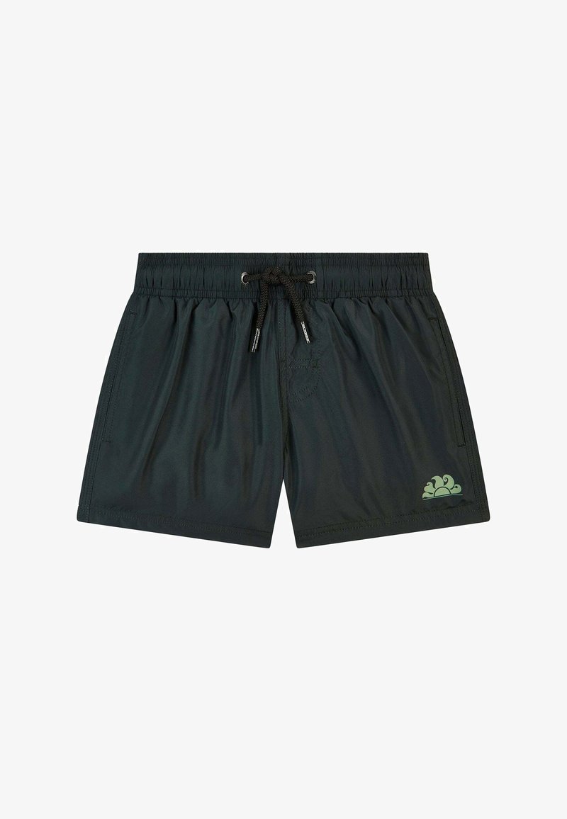 Costumi da bagno neri realizzati in tessuto leggero, con vita elastica e cordino, e un logo a onda verde sul lato sinistro inferiore.