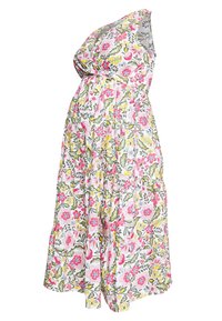 Vestido de maternidad floral con diseño de un solo hombro, que cuenta con un fondo blanco y patrones florales en rosa, amarillo y verde. Tela ligera.