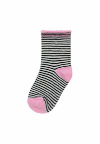 Chaussette rayée en noir et gris avec une bordure festonnée rose et des accents rose au talon et à la pointe. Fabriquée en matériau doux et extensible.