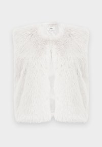 Cape en fausse fourrure blanche avec une surface douce et texturée. Design à l'avant ouvert, manches courtes et ourlet légèrement arrondi. Étiquette visible à l'intérieur.