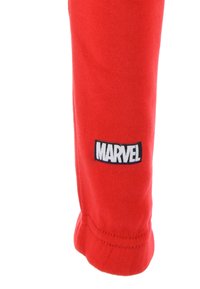 Red fabric sleeve with a black-bordered white patch displaying the word "MARVEL" in bold letters near the cuff.