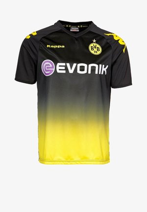 Schwarzes und gelbes Verlauf-Fußballtrikot, kurze Ärmel, mit Kappa-Logo, Evonik-Text in Weiß und dem Emblem von Borussia Dortmund.
