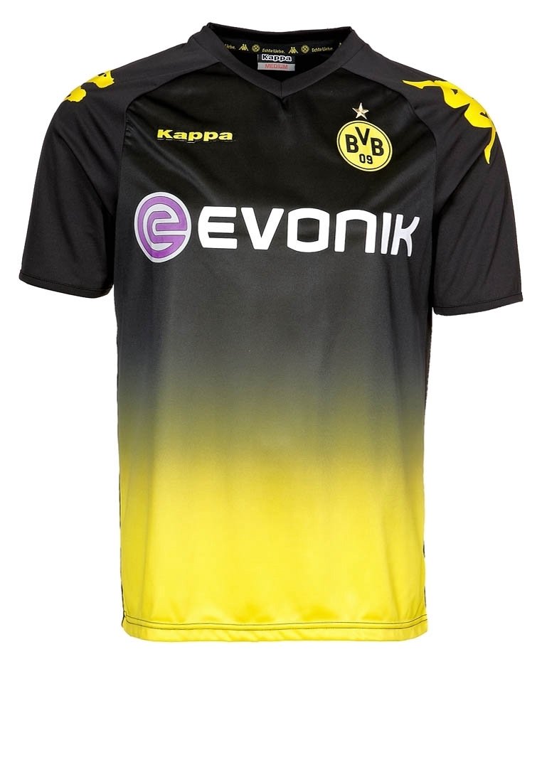 Musta ja keltainen liukuvärjätty jalkapallopaita, lyhyet hihat, Kappa-logo, Evonik-teksti valkoisena ja Borussia Dortmundin embleemi.