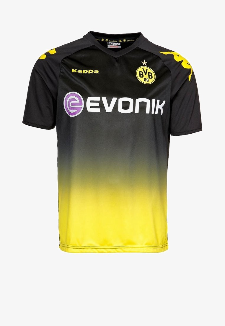 Musta ja keltainen liukuvärjätty jalkapallopaita, lyhyet hihat, Kappa-logo, Evonik-teksti valkoisena ja Borussia Dortmundin embleemi.