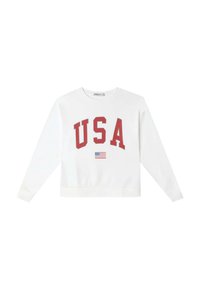 Sudadera blanca con el texto rojo "USA" y un pequeño gráfico de la bandera americana. Manga larga y puños acanalados. Diseño casual con corte relajado.