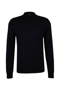 Schwarzer Strickpullover mit hohem Kragen, langen Ärmeln und gerippten Bündchen. Glatte Textur mit taillierter Passform, ideal zum Übereinanderziehen.