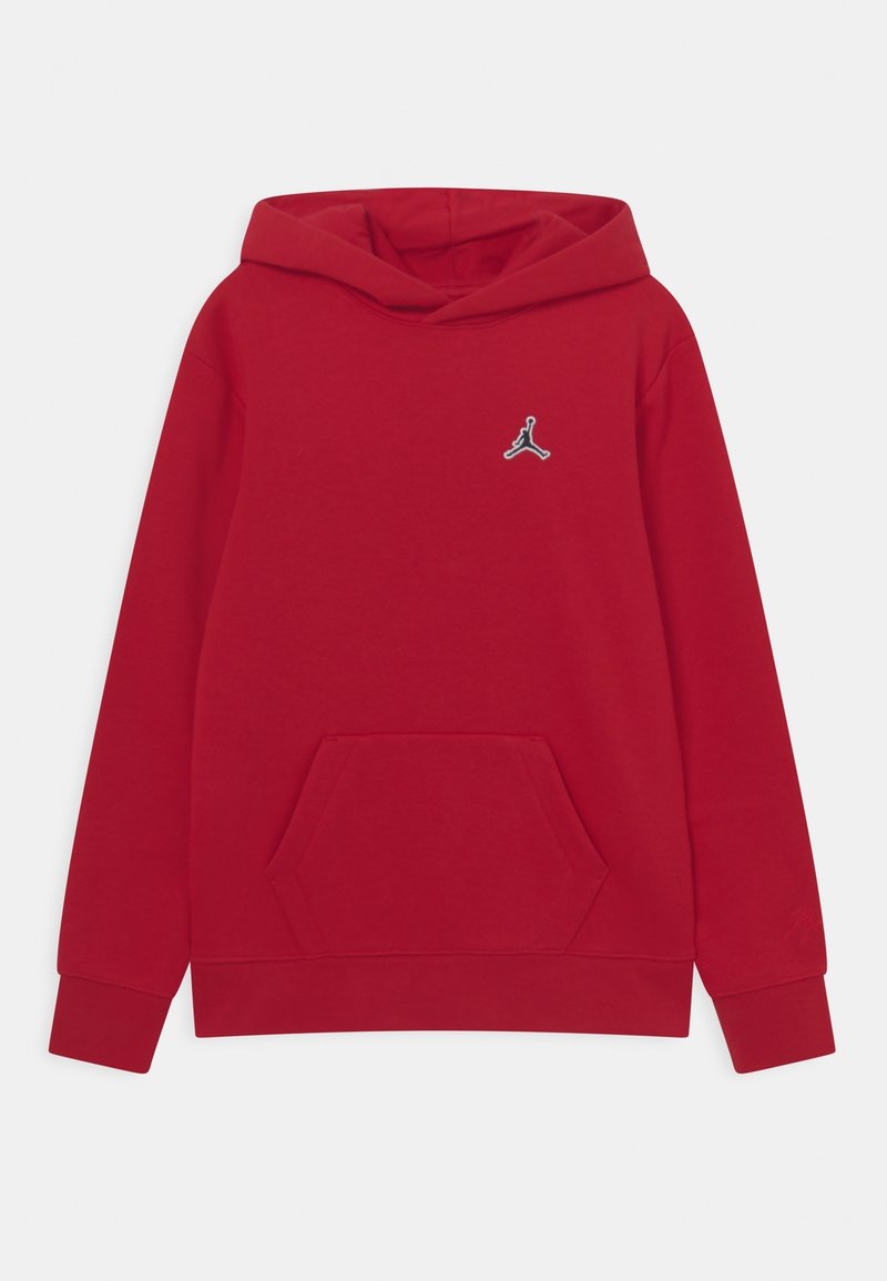 Sweat-shirt à capuche rouge avec une poche kangourou avant et un petit logo Jumpman noir et blanc sur la poitrine gauche.