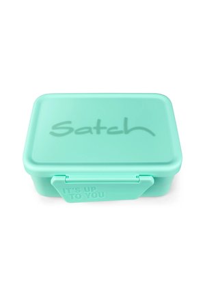 Eine mintgrüne rechteckige Lunchbox aus Plastik, mit einem Schnappverschluss und erhabenem Text "Satch" auf dem Deckel.