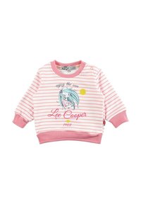 Sweatshirt rayé rose et blanc à manches longues, avec poignets et col côtelés. Il présente un motif graphique avec du texte et un motif de soleil.