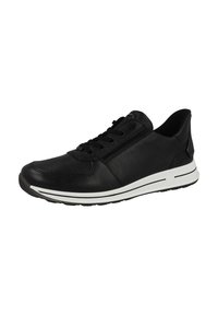 Black leather sneaker featuring a textured upper, white sole with black accents, and a lace-up front. Modern design with a minimalist aesthetic.