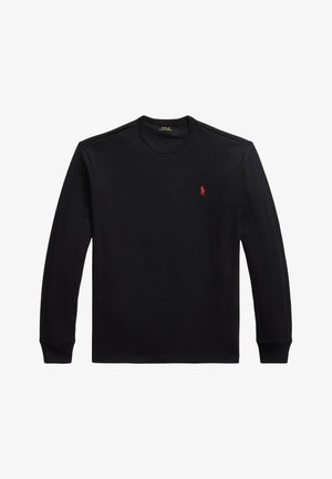 T-shirt nera a maniche lunghe realizzata in tessuto liscio, con scollo rotondo e un piccolo logo rosso sul petto. Vestibilità regolare, senza fantasie.