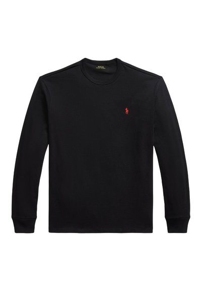 T-shirt nera a maniche lunghe realizzata in tessuto liscio, con scollo rotondo e un piccolo logo rosso sul petto. Vestibilità regolare, senza fantasie.
