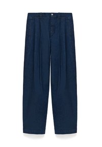 Hochtaillierte dunkelblaue Jeans mit Falten, seitlichen Taschen, Gürtelschlaufen und einem Frontknopf- sowie Reißverschluss.