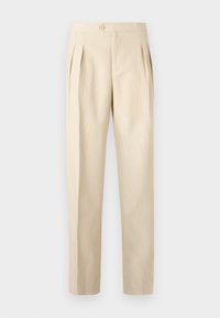 Pantalons beiges taille haute avec plis avant, fermeture à bouton unique et coupe droite. Fabriqués à partir d'un tissu texturé et tissé.