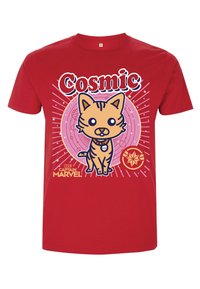 Red cotton T-shirt featuring a cartoon cat design with bold text reading "Cosmic," and graphic elements including stars and circles.