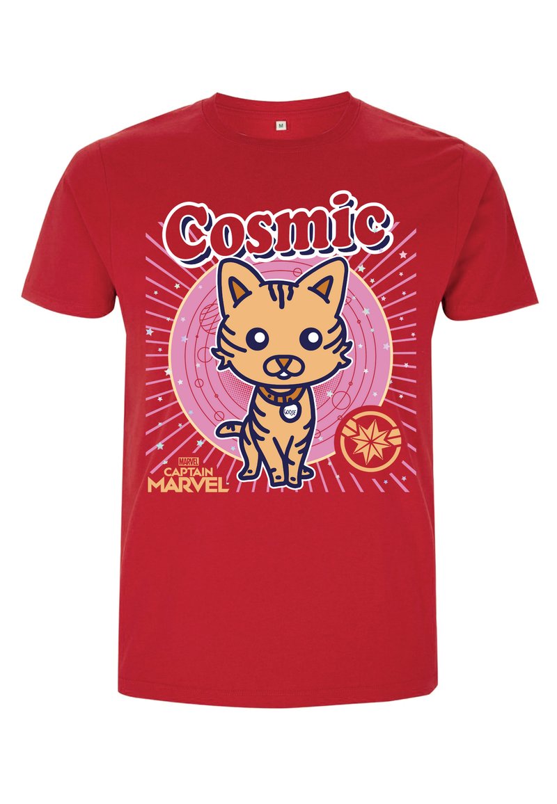 Red cotton T-shirt featuring a cartoon cat design with bold text reading "Cosmic," and graphic elements including stars and circles.