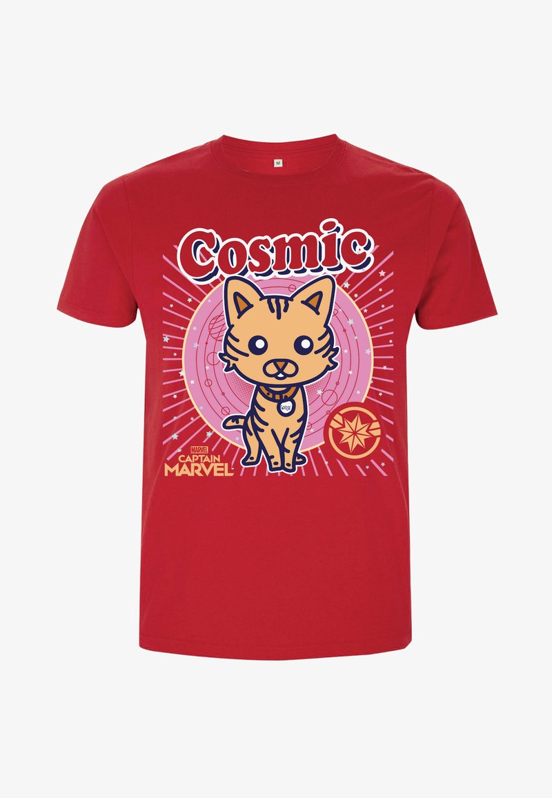 Red cotton T-shirt featuring a cartoon cat design with bold text reading "Cosmic," and graphic elements including stars and circles.