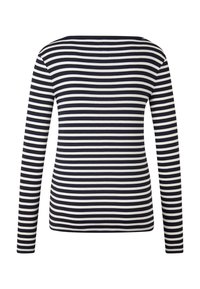 Black and white horizontal striped long-sleeve shirt with a boat neckline, shown from the back on a white background.