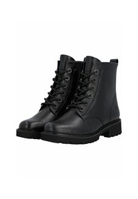 Bottines en cuir noir à bout rond, avec laçage avant, œillets métalliques, semelle texturée et une petite tirette à l'arrière pour un enfilage plus facile.