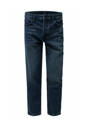 Temno modri trdi hlače z sprednjim gumbom, zankami za pas in klasičnim pet-pocket oblikovanjem, prikazane na belem ozadju.